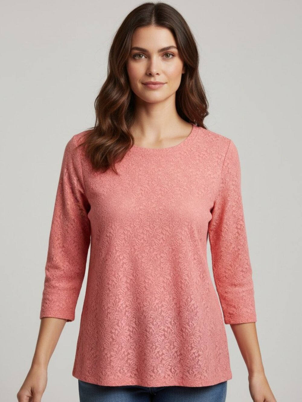Logo Layers Coral Floral Lace Sheer Stretch Tunic Top S Romantic Feminine